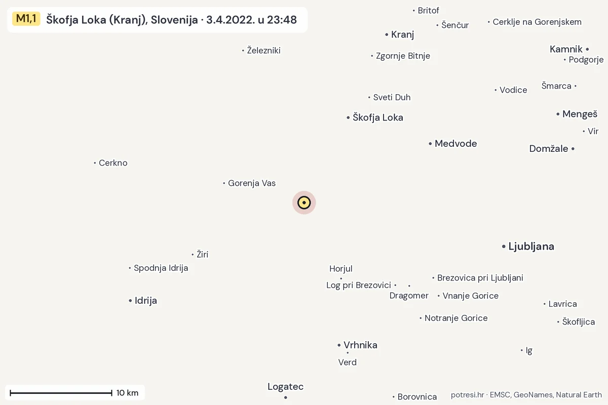 Karta: okolica epicentra, 60 km, potres M1,1, Škofja Loka (Kranj), Slovenija, 3.4.2022.
