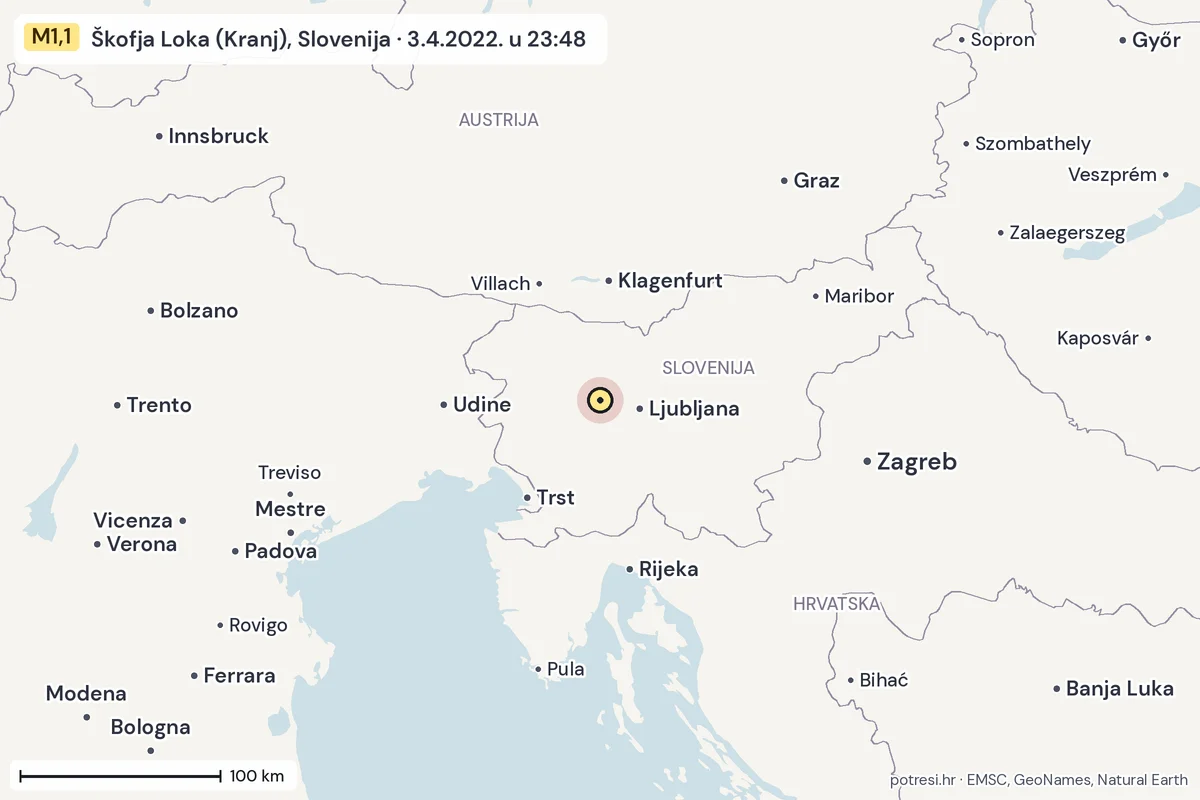 Karta: šire područje, 600 km, potres M1,1, Škofja Loka (Kranj), Slovenija, 3.4.2022.