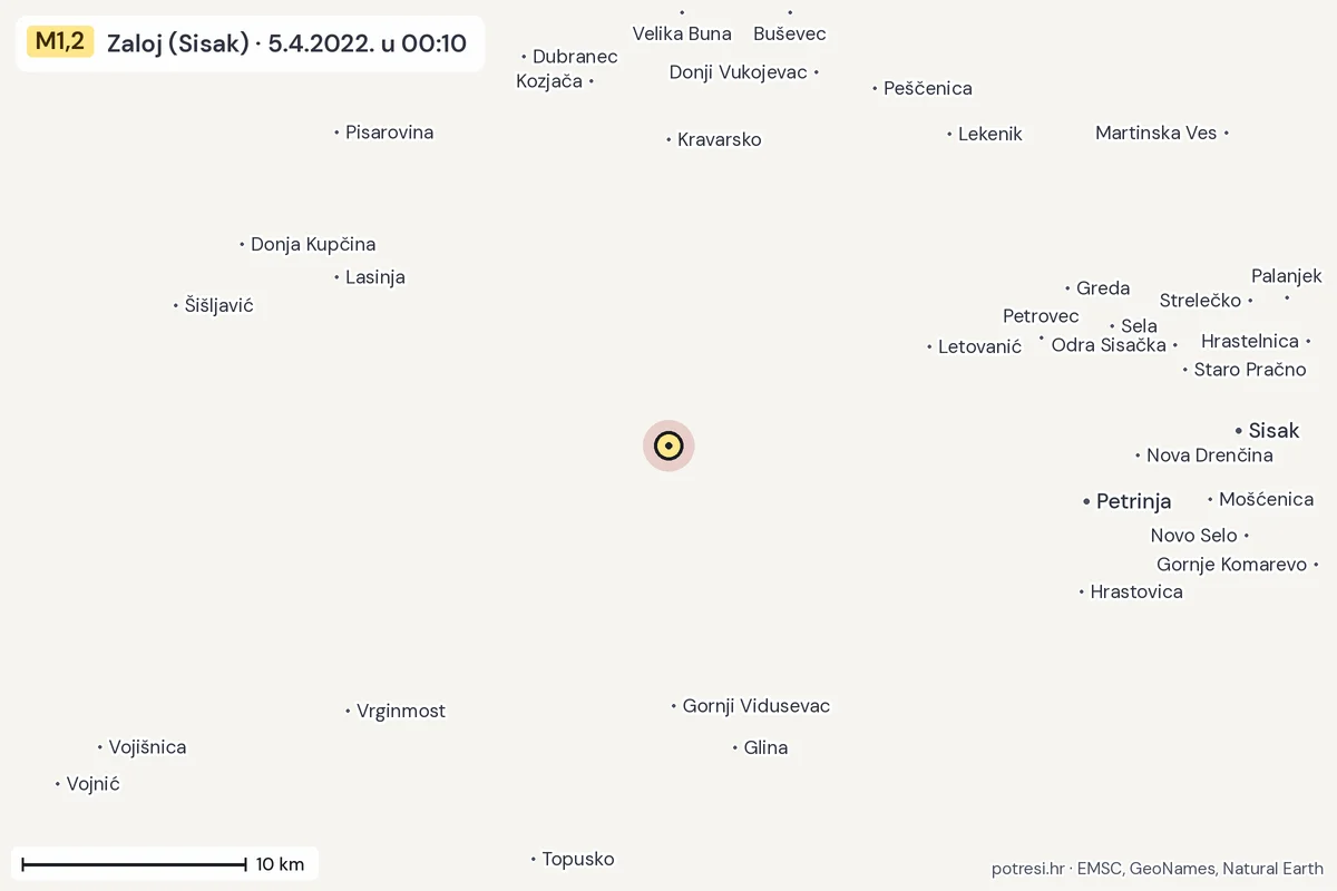 Karta: okolica epicentra, 60 km, potres M1,2, Zaloj (Sisak), 5.4.2022.