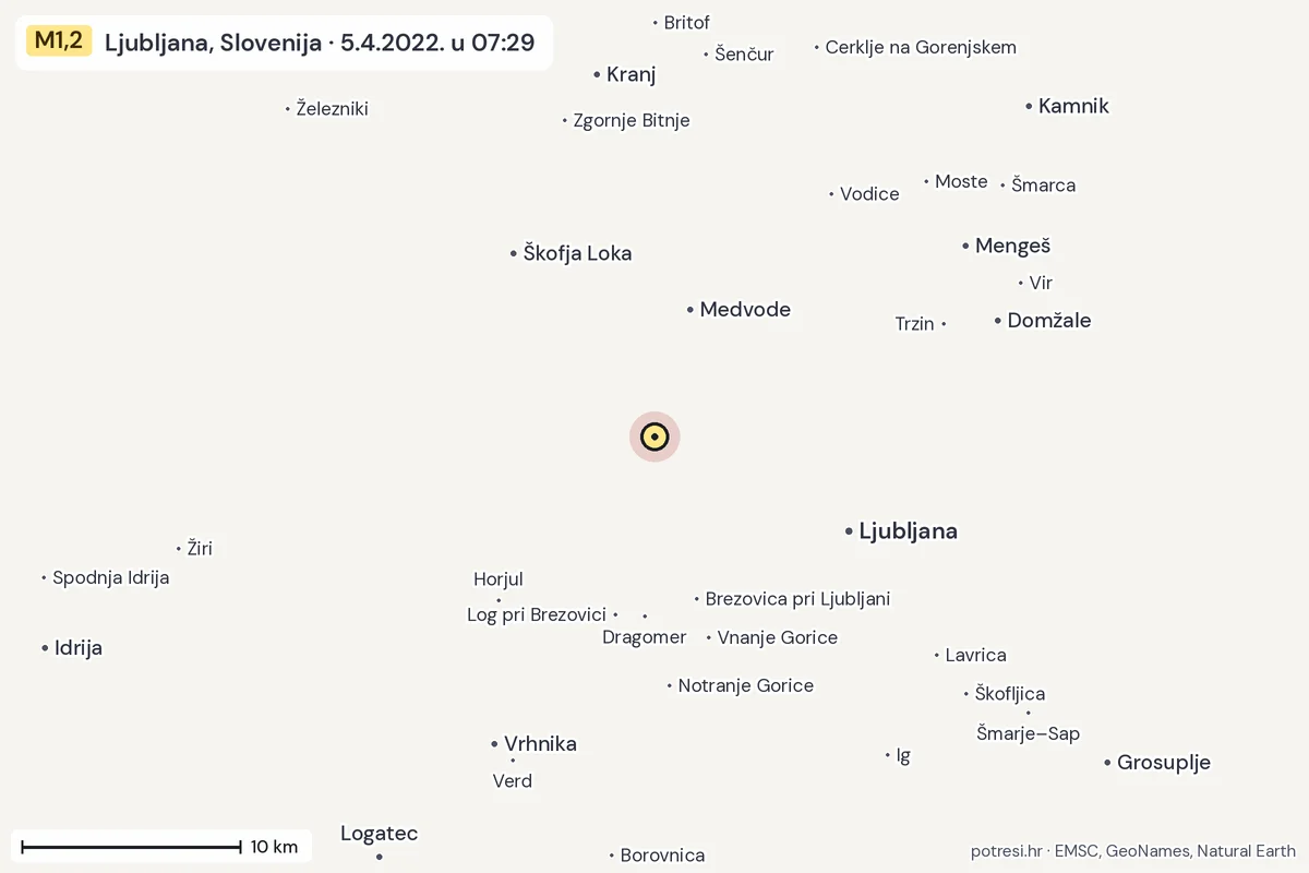 Karta: okolica epicentra, 60 km, potres M1,2, Ljubljana, Slovenija, 5.4.2022.