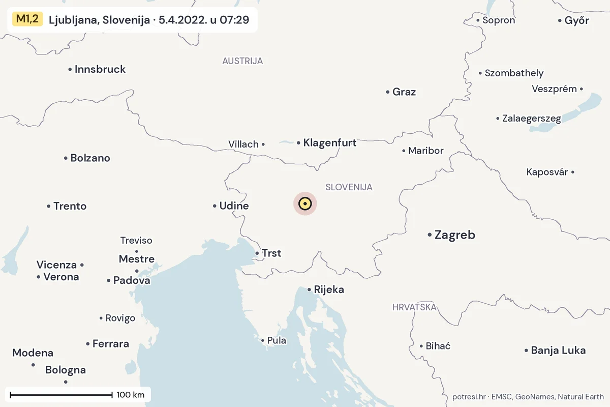 Karta: šire područje, 600 km, potres M1,2, Ljubljana, Slovenija, 5.4.2022.