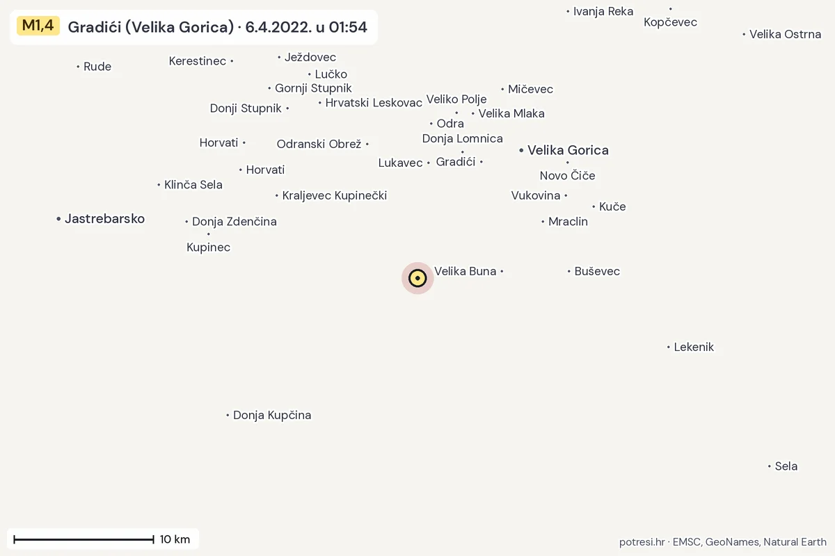 Karta: okolica epicentra, 60 km, potres M1,4, Gradići (Velika Gorica), 6.4.2022.