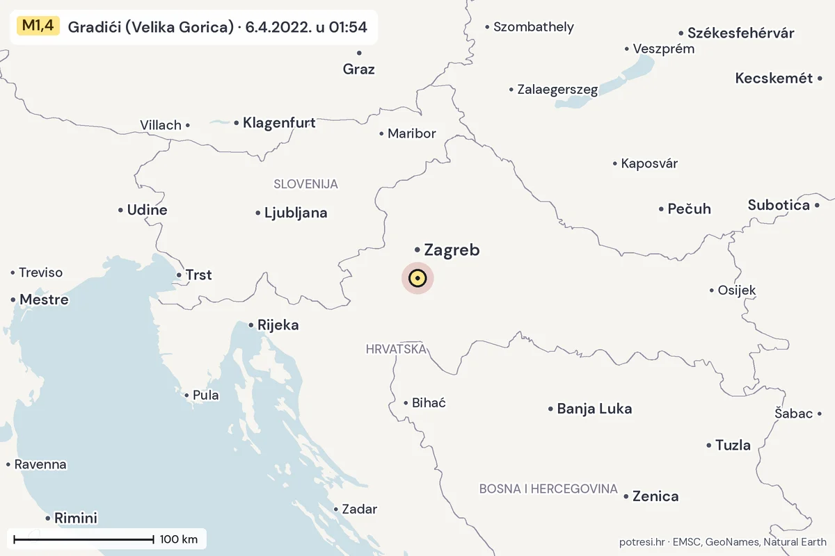 Karta: šire područje, 600 km, potres M1,4, Gradići (Velika Gorica), 6.4.2022.