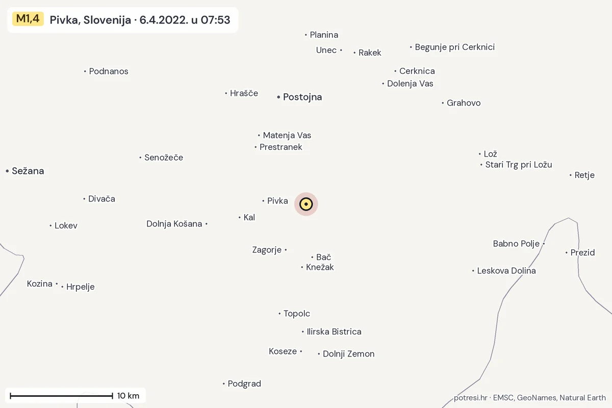 Karta: okolica epicentra, 60 km, potres M1,4, Pivka, Slovenija, 6.4.2022.