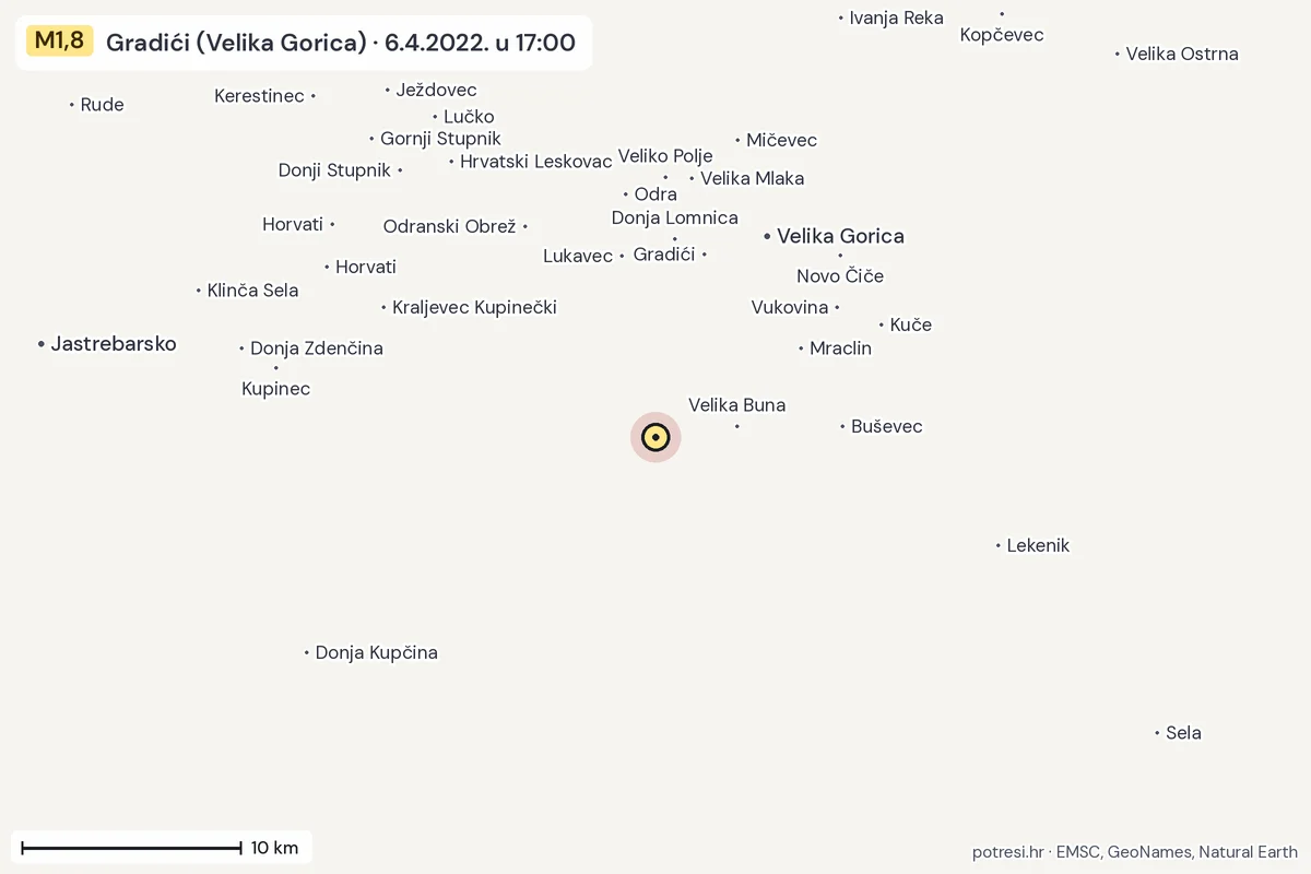 Karta: okolica epicentra, 60 km, potres M1,8, Gradići (Velika Gorica), 6.4.2022.