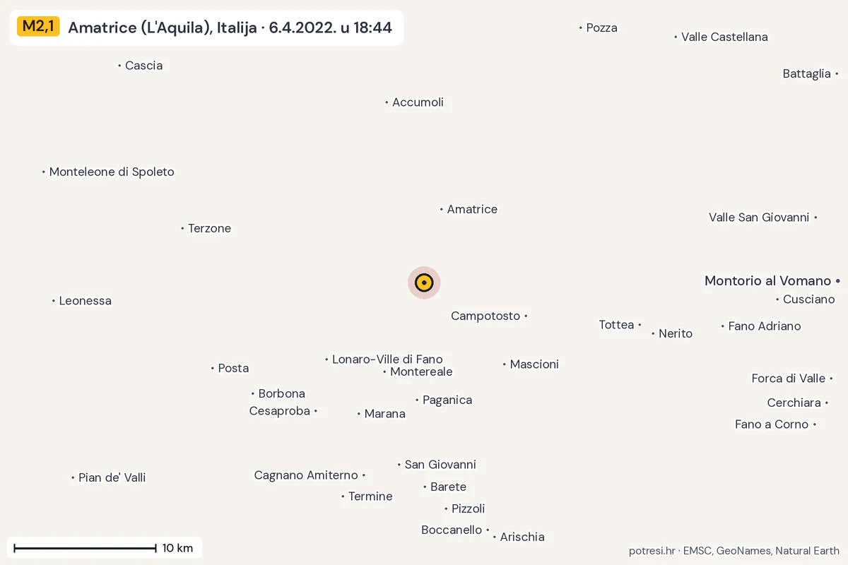 Karta: okolica epicentra, 60 km, potres M2,1, Amatrice (L'Aquila), Italija, 6.4.2022.