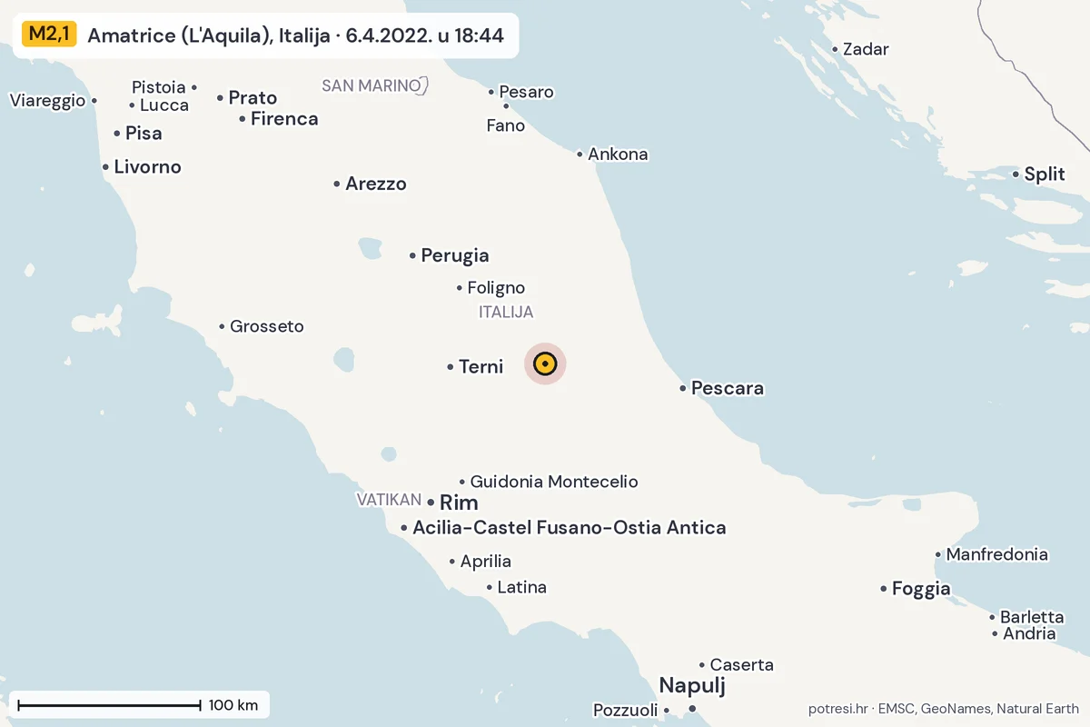 Karta: šire područje, 600 km, potres M2,1, Amatrice (L'Aquila), Italija, 6.4.2022.