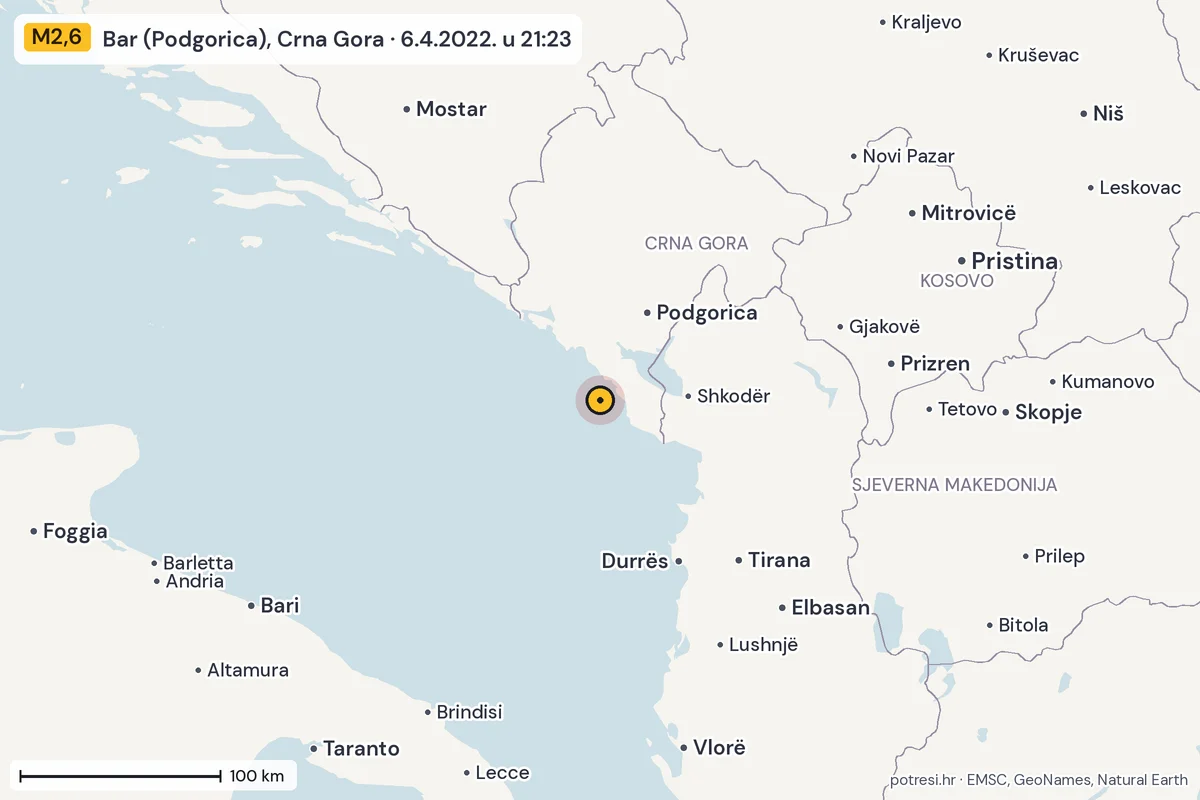 Karta: šire područje, 600 km, potres M2,6, Bar (Podgorica), Crna Gora, 6.4.2022.