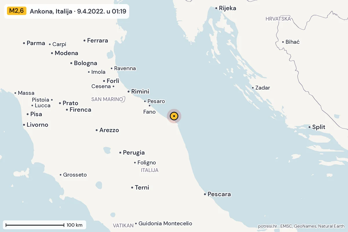 Karta: šire područje, 600 km, potres M2,6, Ankona, Italija, 9.4.2022.