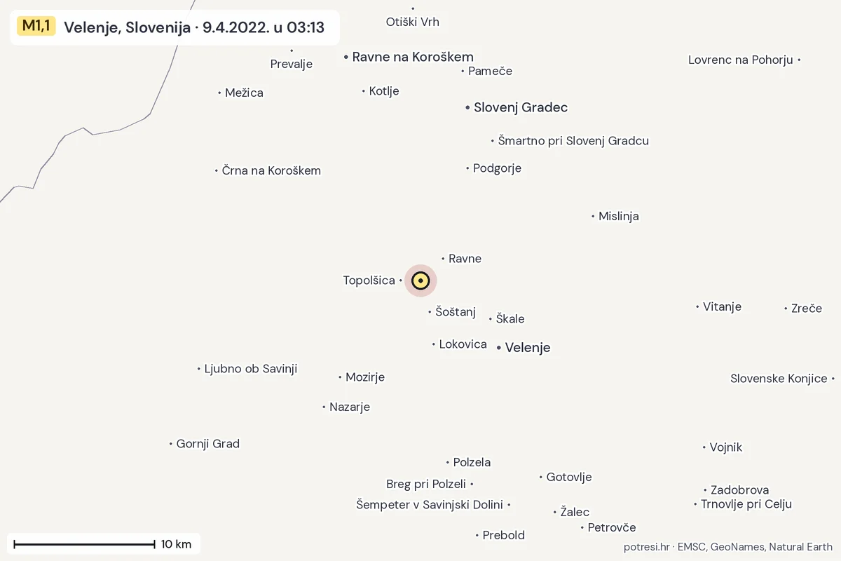 Karta: okolica epicentra, 60 km, potres M1,1, Velenje, Slovenija, 9.4.2022.