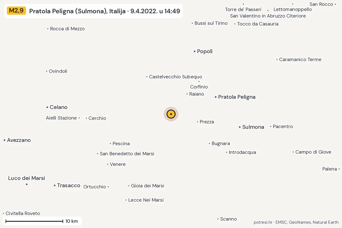 Karta: okolica epicentra, 60 km, potres M2,9, Pratola Peligna (Sulmona), Italija, 9.4.2022.
