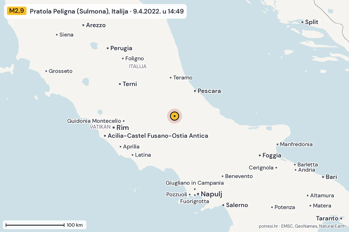 Karta: šire područje, 600 km, potres M2,9, Pratola Peligna (Sulmona), Italija, 9.4.2022.