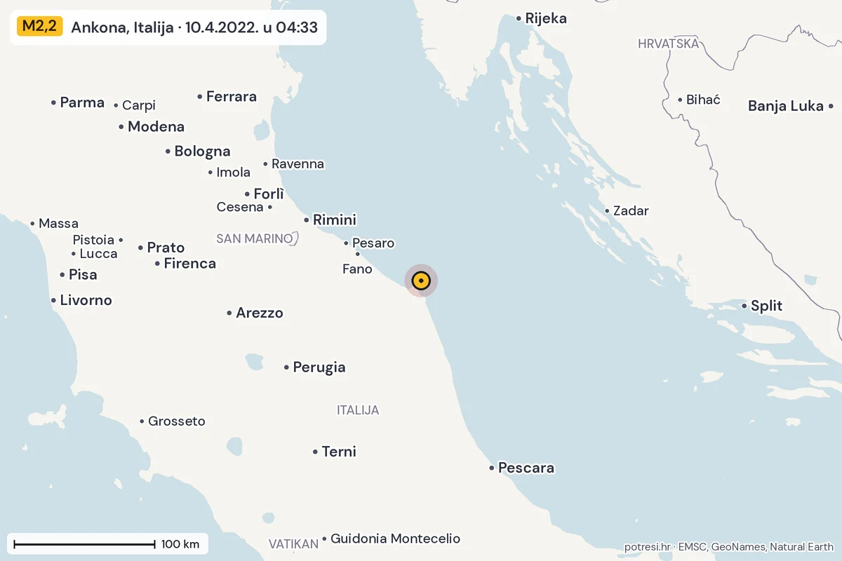 Karta: šire područje, 600 km, potres M2,2, Ankona, Italija, 10.4.2022.