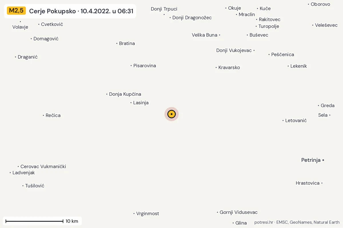 Karta: okolica epicentra, 60 km, potres M2,5, Cerje Pokupsko, 10.4.2022.
