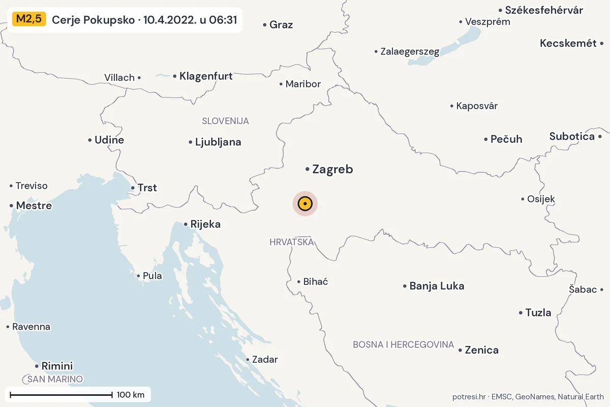 Karta: šire područje, 600 km, potres M2,5, Cerje Pokupsko, 10.4.2022.