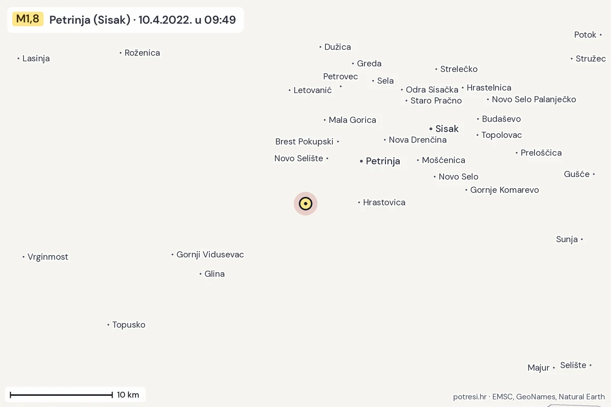 Karta: okolica epicentra, 60 km, potres M1,8, Petrinja (Sisak), 10.4.2022.