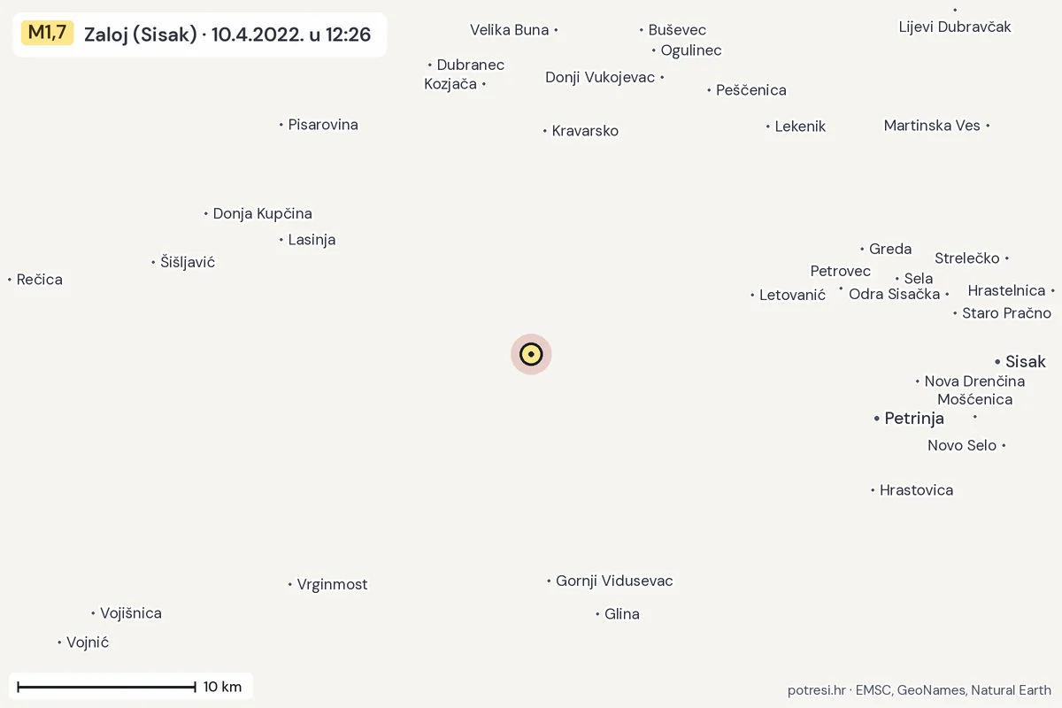 Karta: okolica epicentra, 60 km, potres M1,7, Zaloj (Sisak), 10.4.2022.
