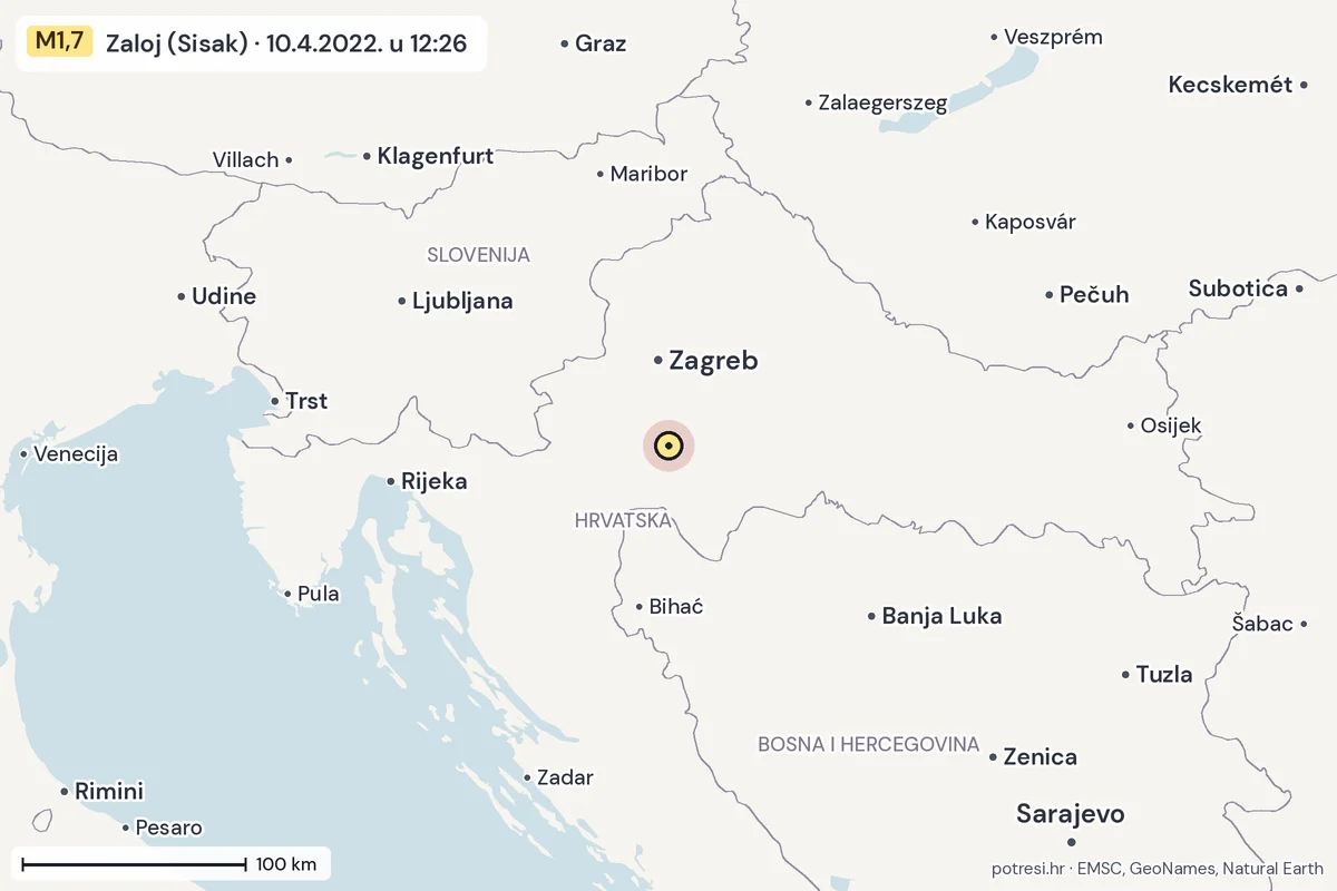 Karta: šire područje, 600 km, potres M1,7, Zaloj (Sisak), 10.4.2022.