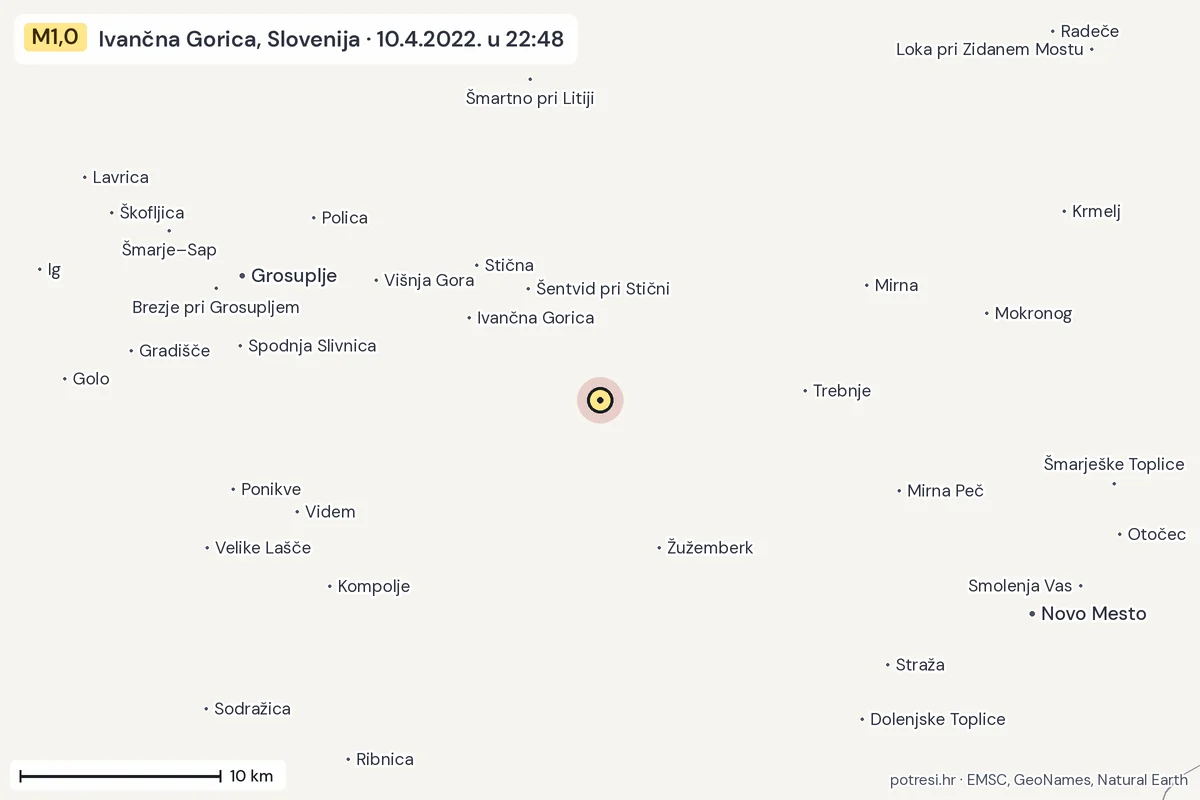 Karta: okolica epicentra, 60 km, potres M1,0, Ivančna Gorica, Slovenija, 10.4.2022.