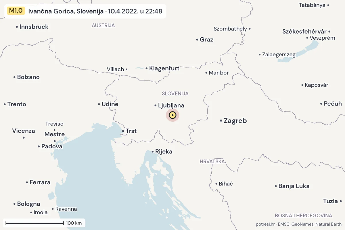 Karta: šire područje, 600 km, potres M1,0, Ivančna Gorica, Slovenija, 10.4.2022.