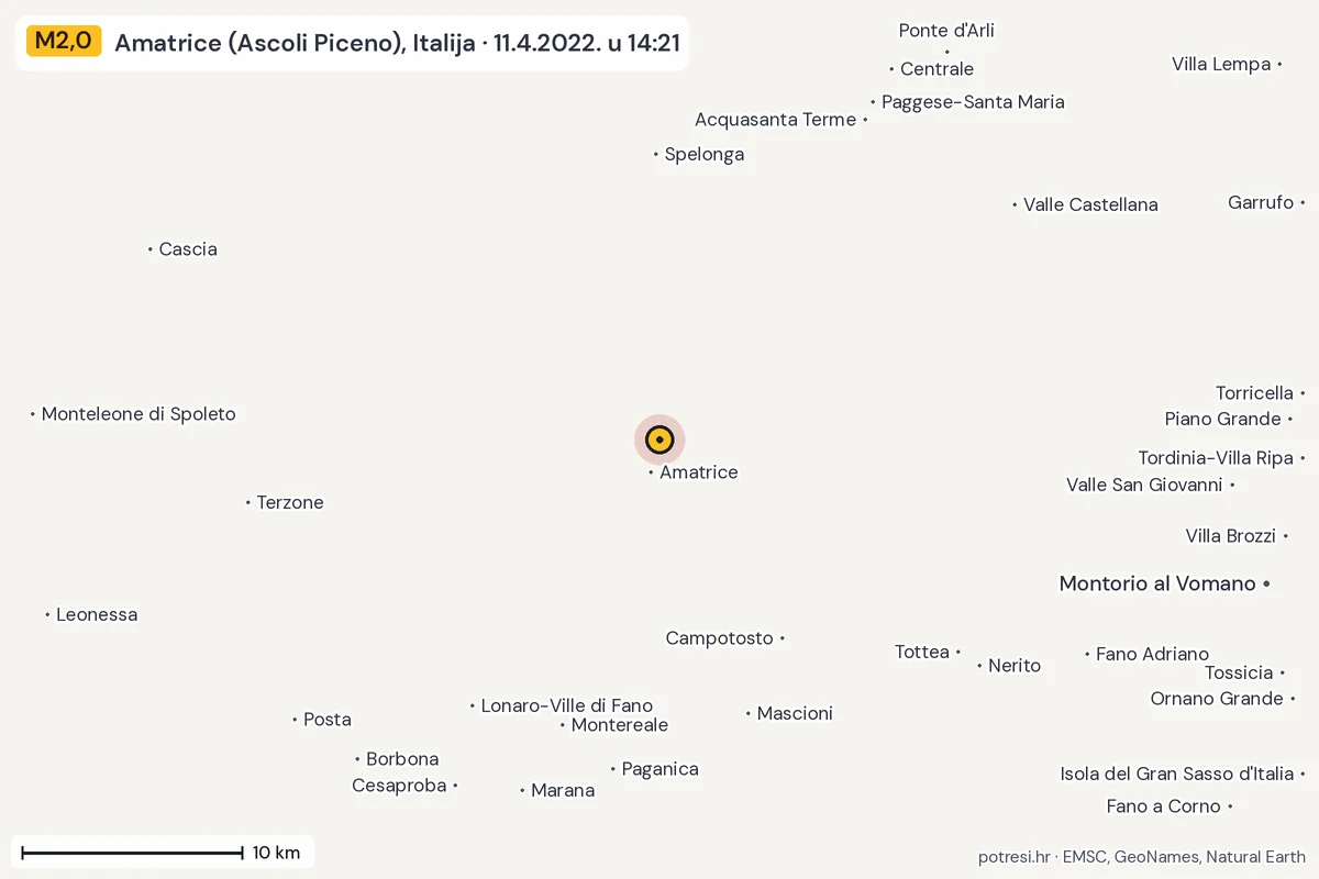 Karta: okolica epicentra, 60 km, potres M2,0, Amatrice (Ascoli Piceno), Italija, 11.4.2022.
