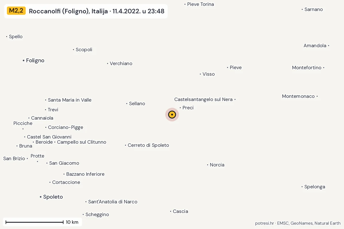 Karta: okolica epicentra, 60 km, potres M2,2, Roccanolfi (Foligno), Italija, 11.4.2022.