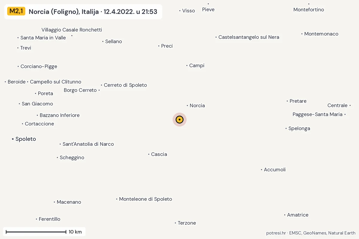 Karta: okolica epicentra, 60 km, potres M2,1, Norcia (Foligno), Italija, 12.4.2022.