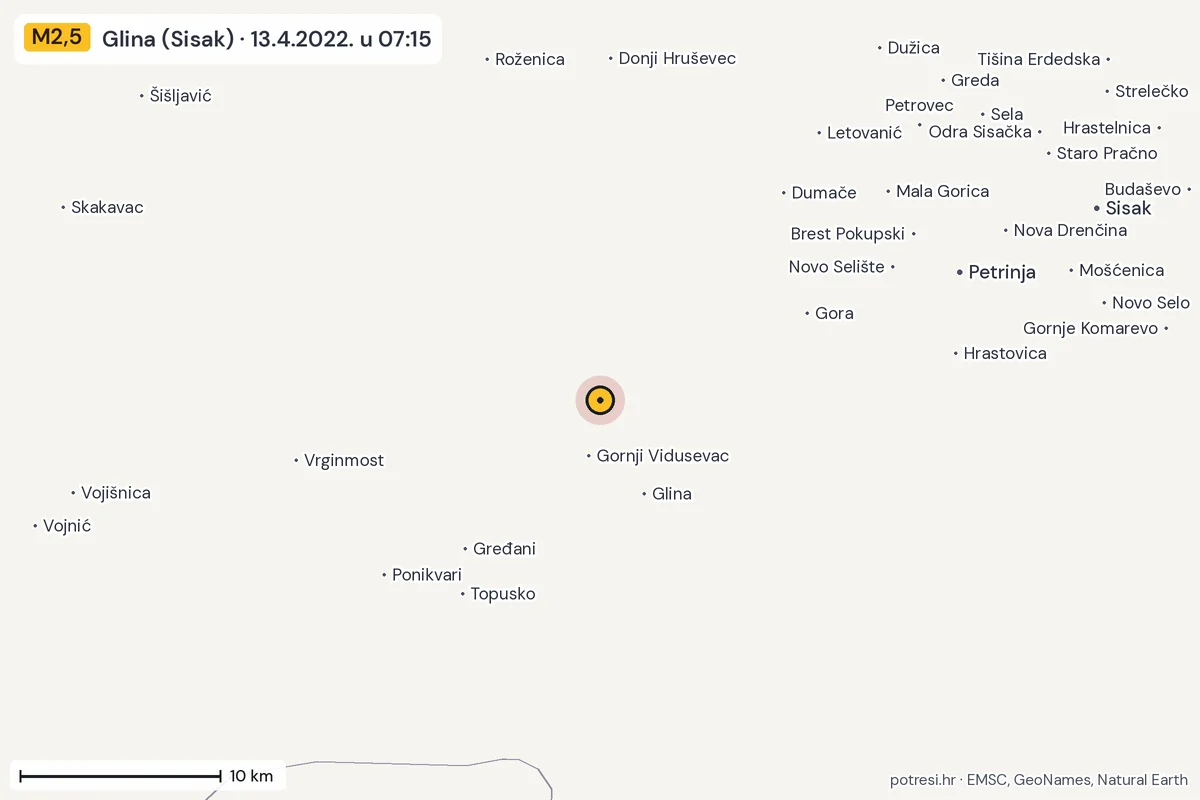 Karta: okolica epicentra, 60 km, potres M2,5, Glina (Sisak), 13.4.2022.