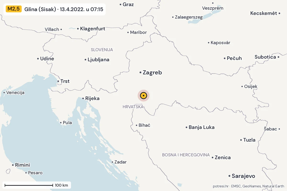 Karta: šire područje, 600 km, potres M2,5, Glina (Sisak), 13.4.2022.