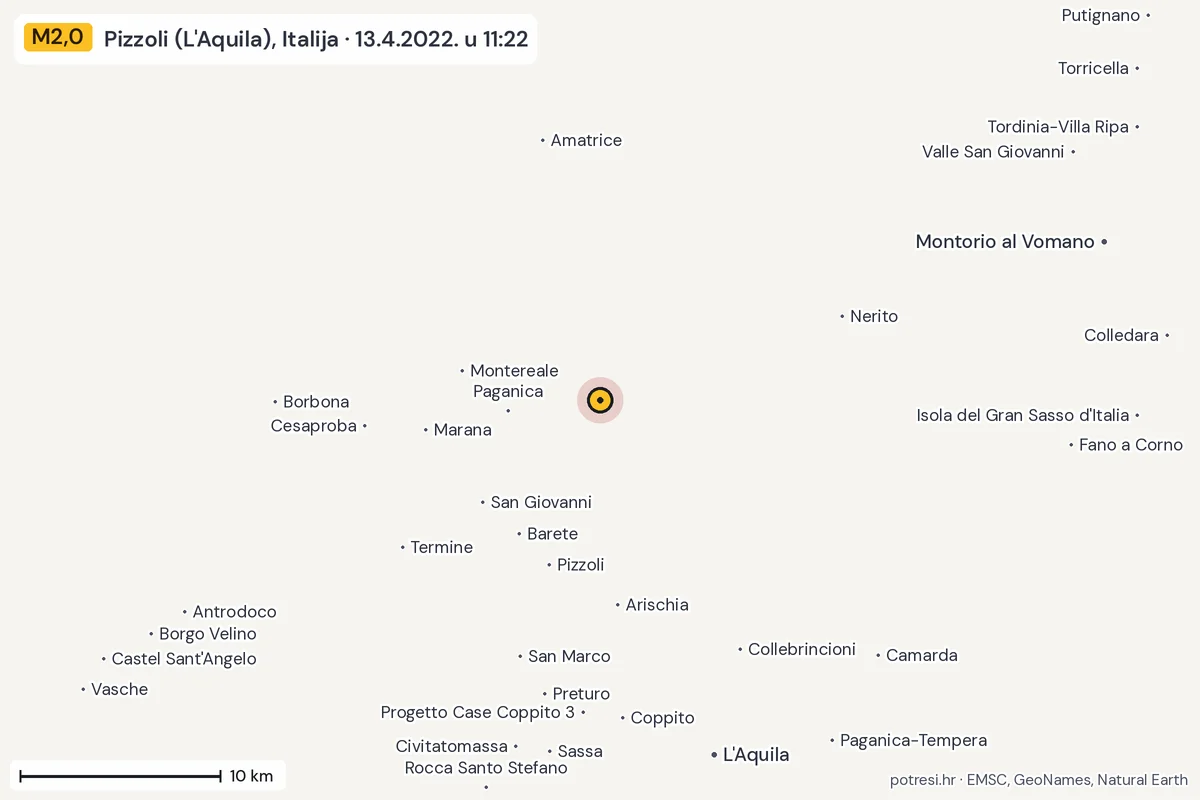 Karta: okolica epicentra, 60 km, potres M2,0, Pizzoli (L'Aquila), Italija, 13.4.2022.