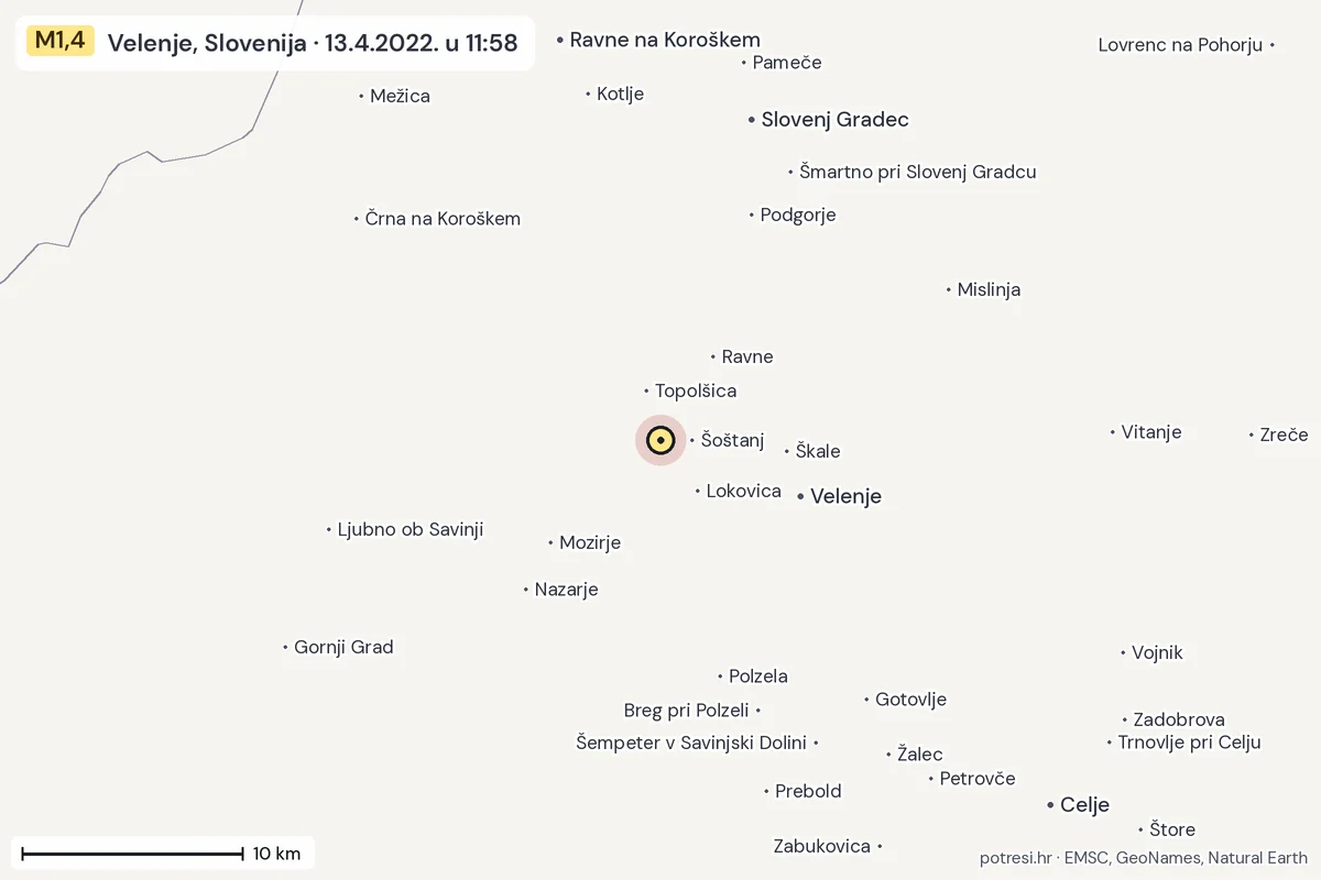 Karta: okolica epicentra, 60 km, potres M1,4, Velenje, Slovenija, 13.4.2022.