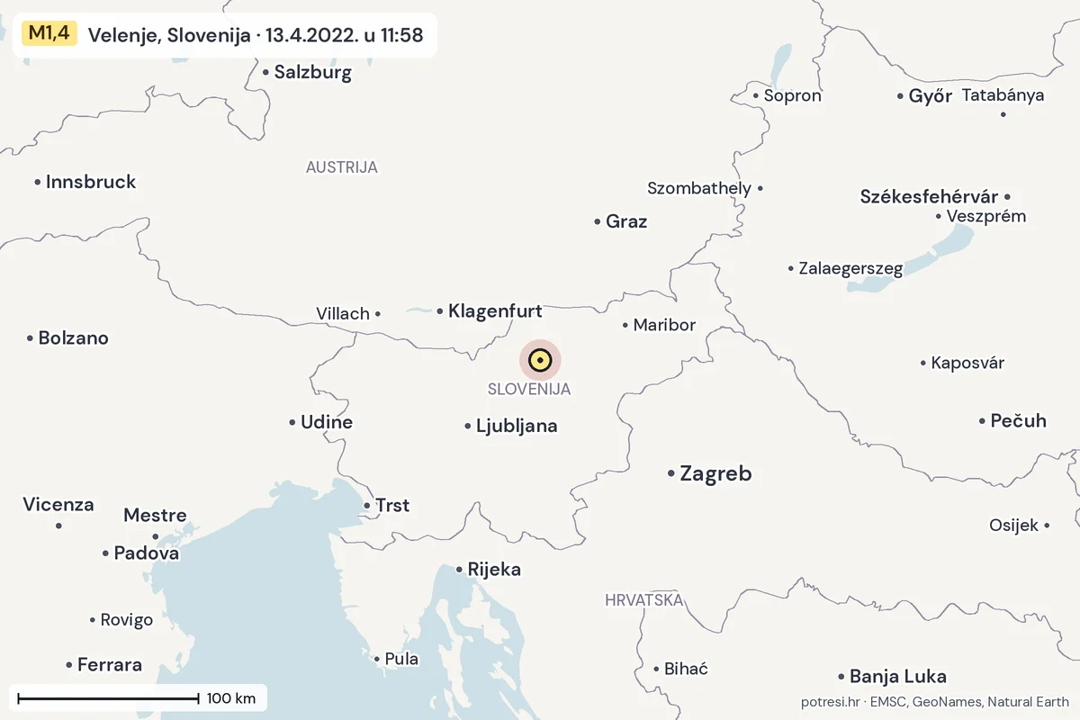 Karta: šire područje, 600 km, potres M1,4, Velenje, Slovenija, 13.4.2022.