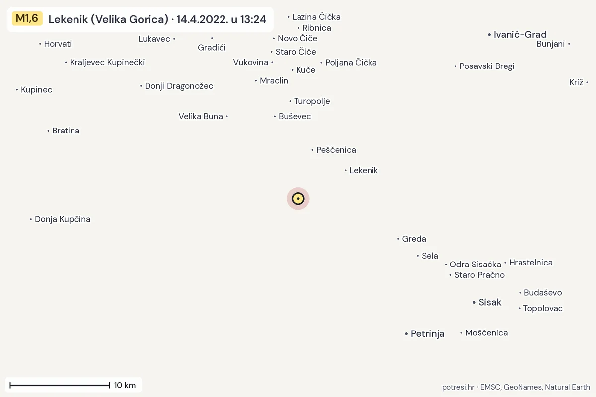 Karta: okolica epicentra, 60 km, potres M1,6, Lekenik (Velika Gorica), 14.4.2022.