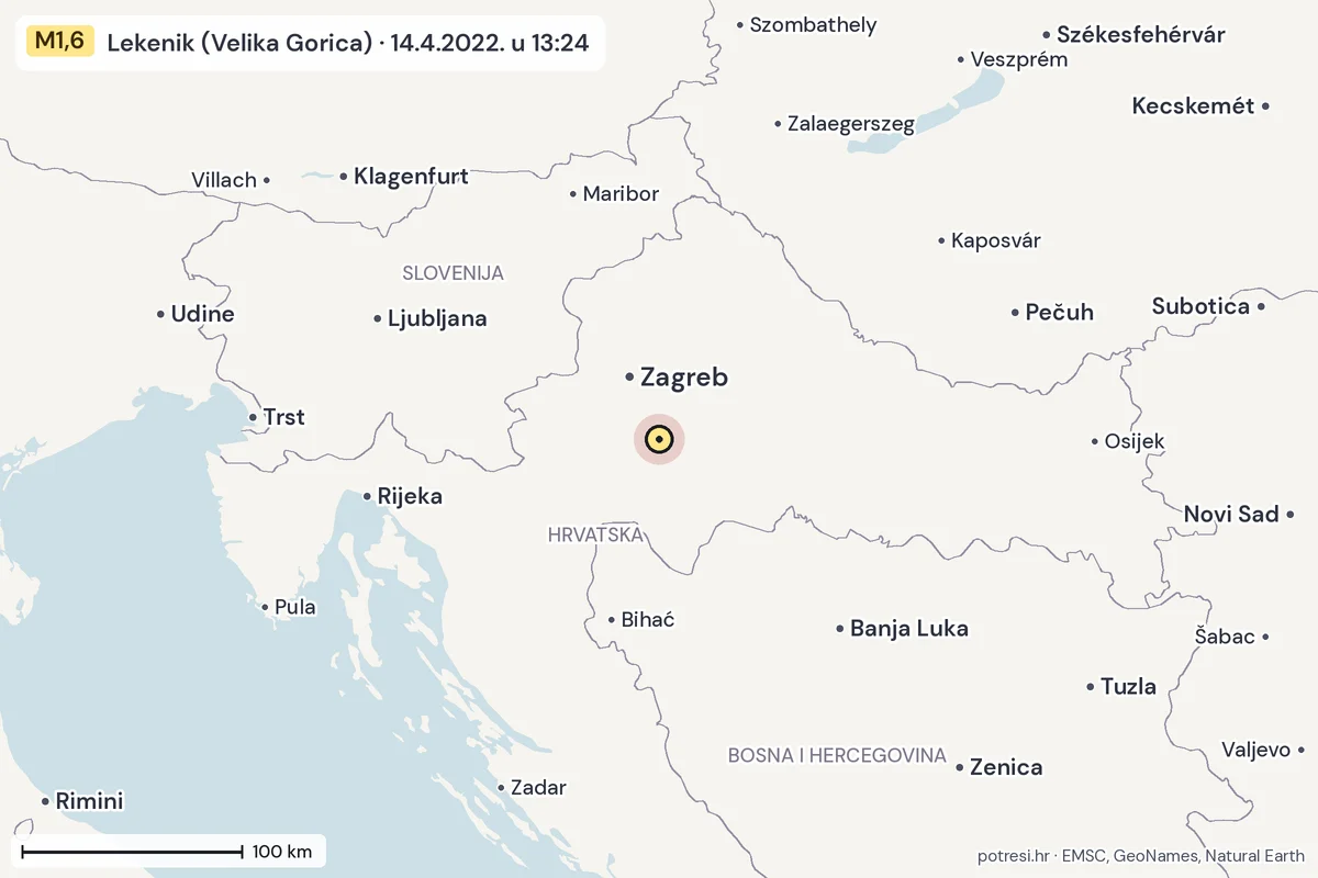 Karta: šire područje, 600 km, potres M1,6, Lekenik (Velika Gorica), 14.4.2022.