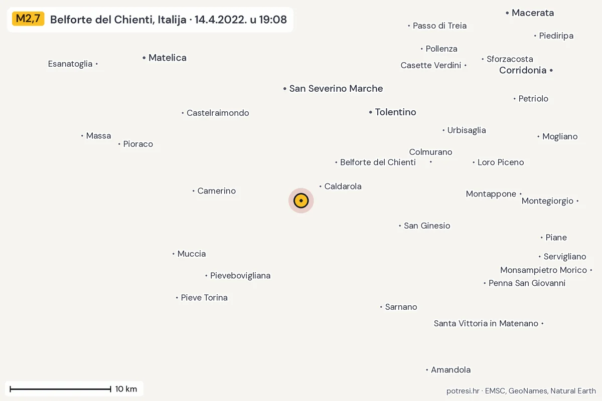 Karta: okolica epicentra, 60 km, potres M2,7, Belforte del Chienti, Italija, 14.4.2022.
