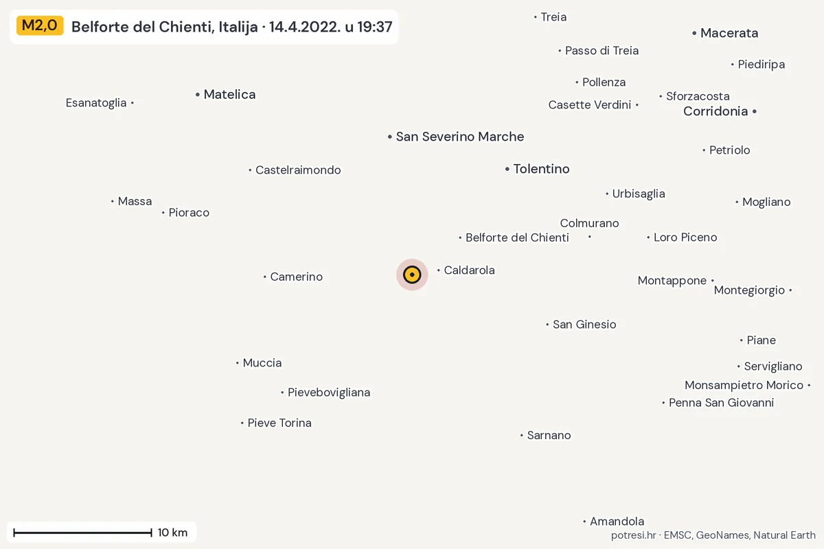 Karta: okolica epicentra, 60 km, potres M2,0, Belforte del Chienti, Italija, 14.4.2022.