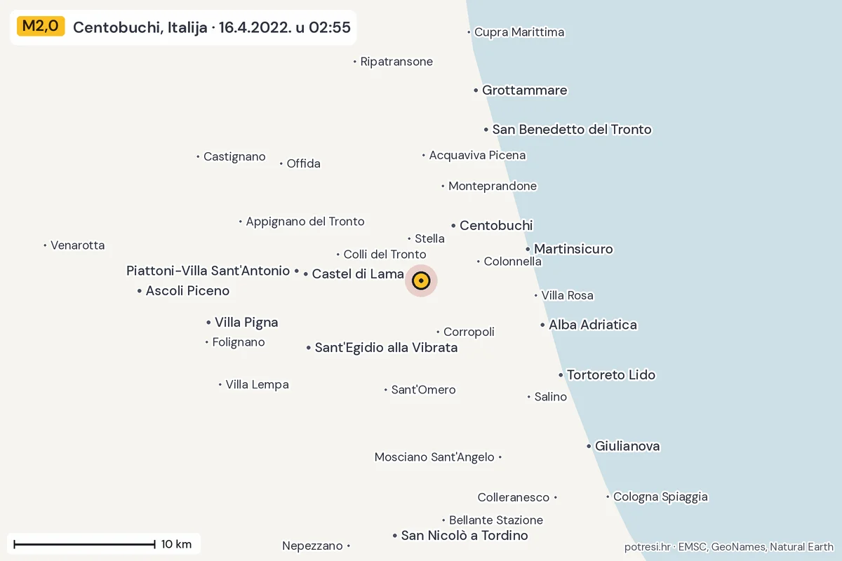 Karta: okolica epicentra, 60 km, potres M2,0, Centobuchi, Italija, 16.4.2022.