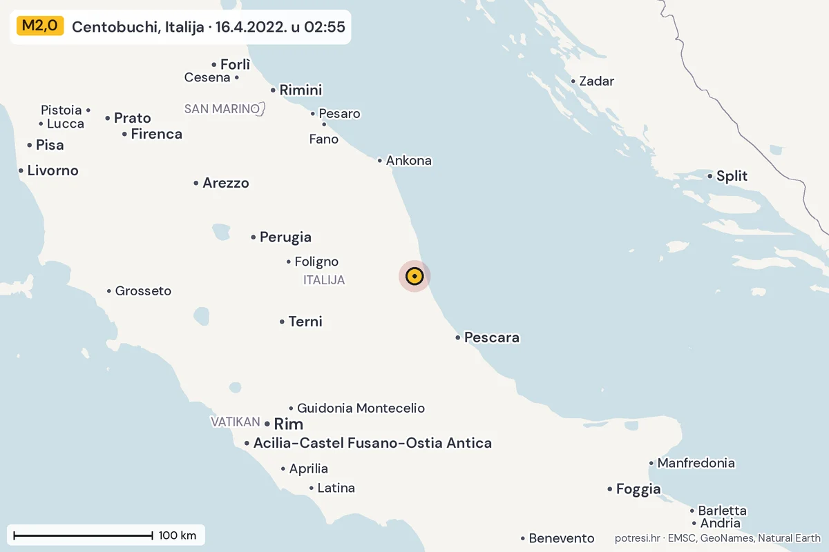 Karta: šire područje, 600 km, potres M2,0, Centobuchi, Italija, 16.4.2022.