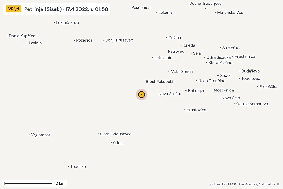 Karta: okolica epicentra, 60 km, potres M2,6, Petrinja (Sisak), 17.4.2022.