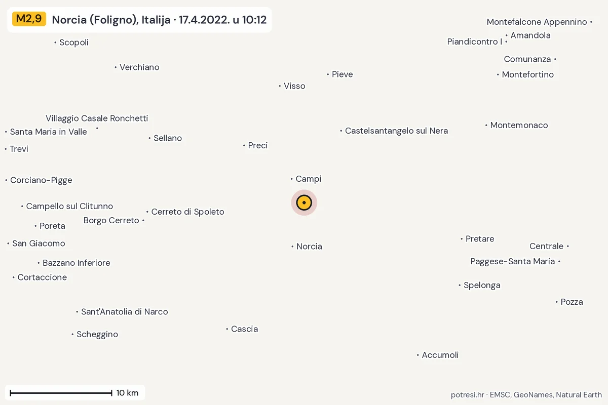 Karta: okolica epicentra, 60 km, potres M2,9, Norcia (Foligno), Italija, 17.4.2022.