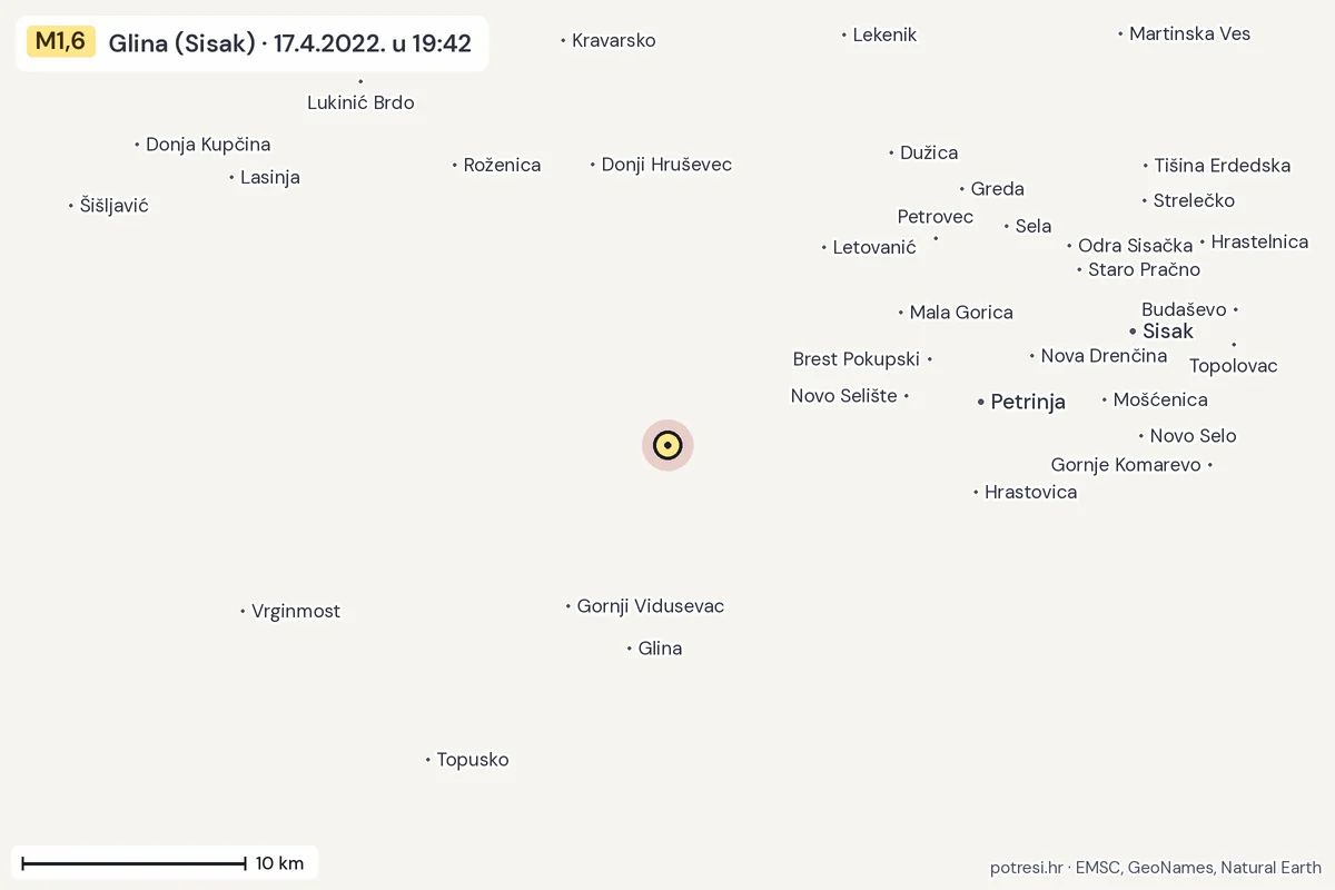 Karta: okolica epicentra, 60 km, potres M1,6, Glina (Sisak), 17.4.2022.