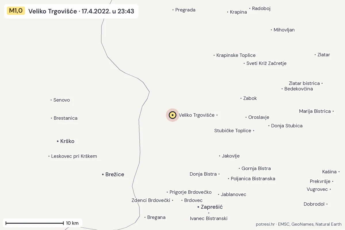 Karta: okolica epicentra, 60 km, potres M1,0, Veliko Trgovišće, 17.4.2022.