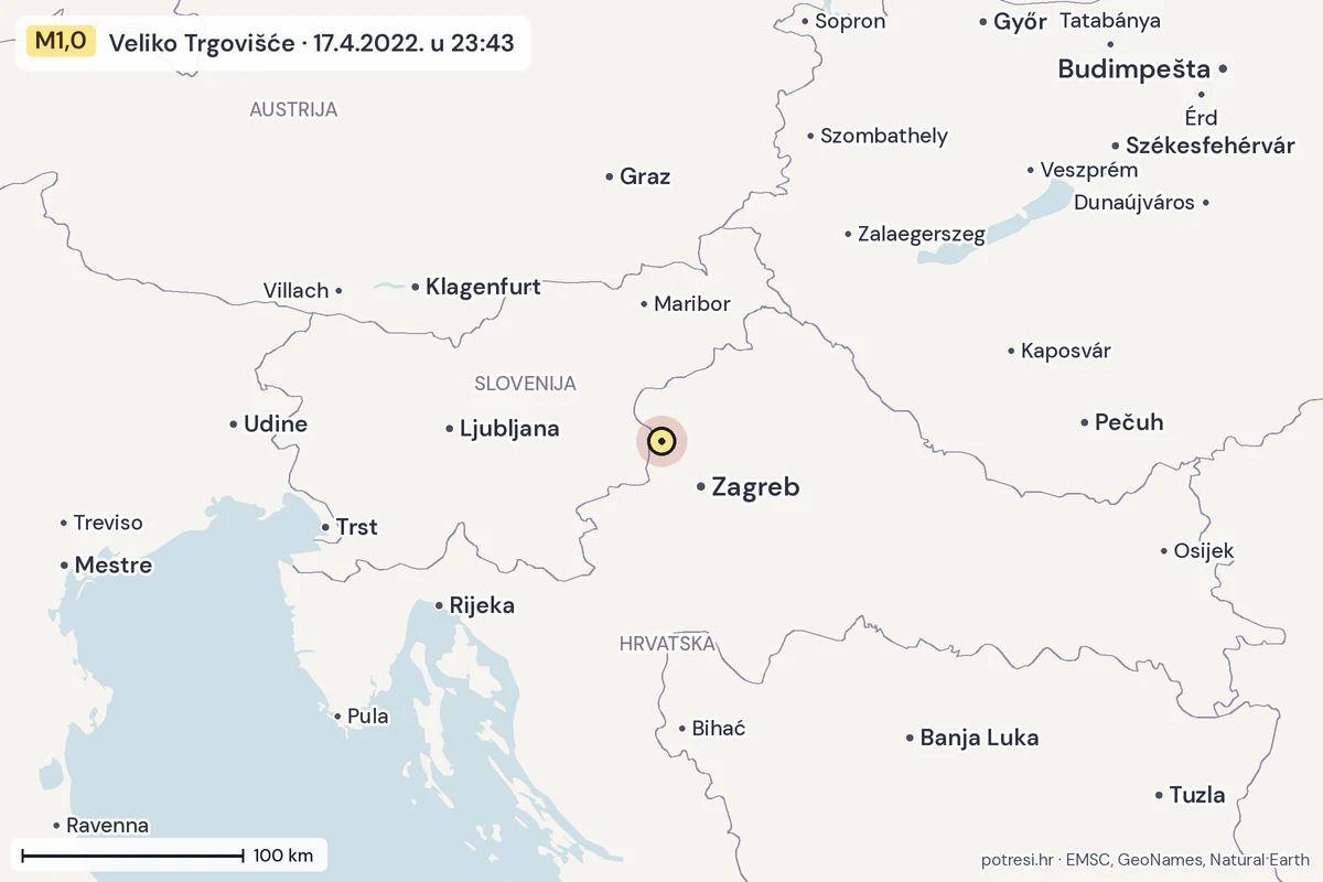 Karta: šire područje, 600 km, potres M1,0, Veliko Trgovišće, 17.4.2022.