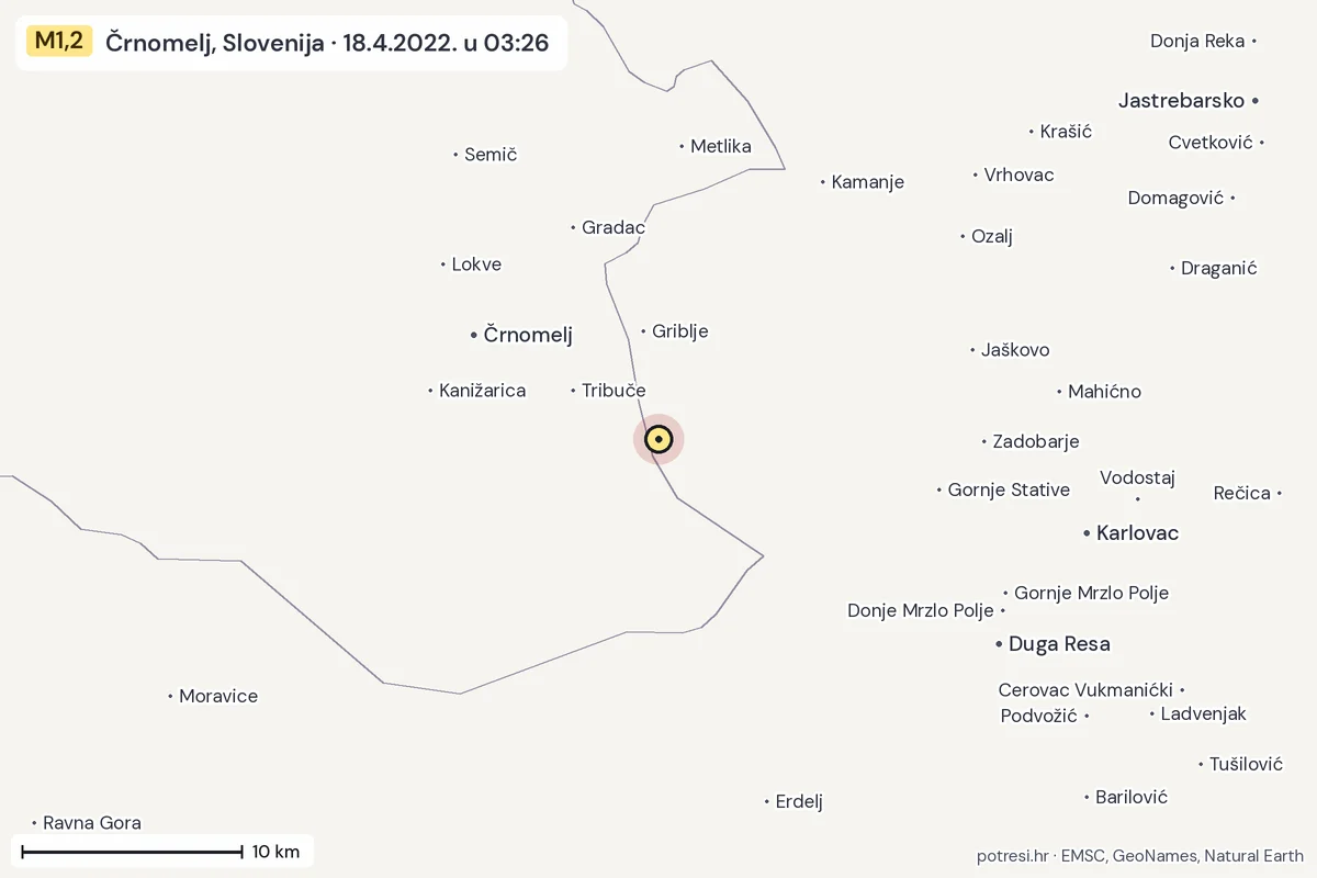 Karta: okolica epicentra, 60 km, potres M1,2, Črnomelj, Slovenija, 18.4.2022.