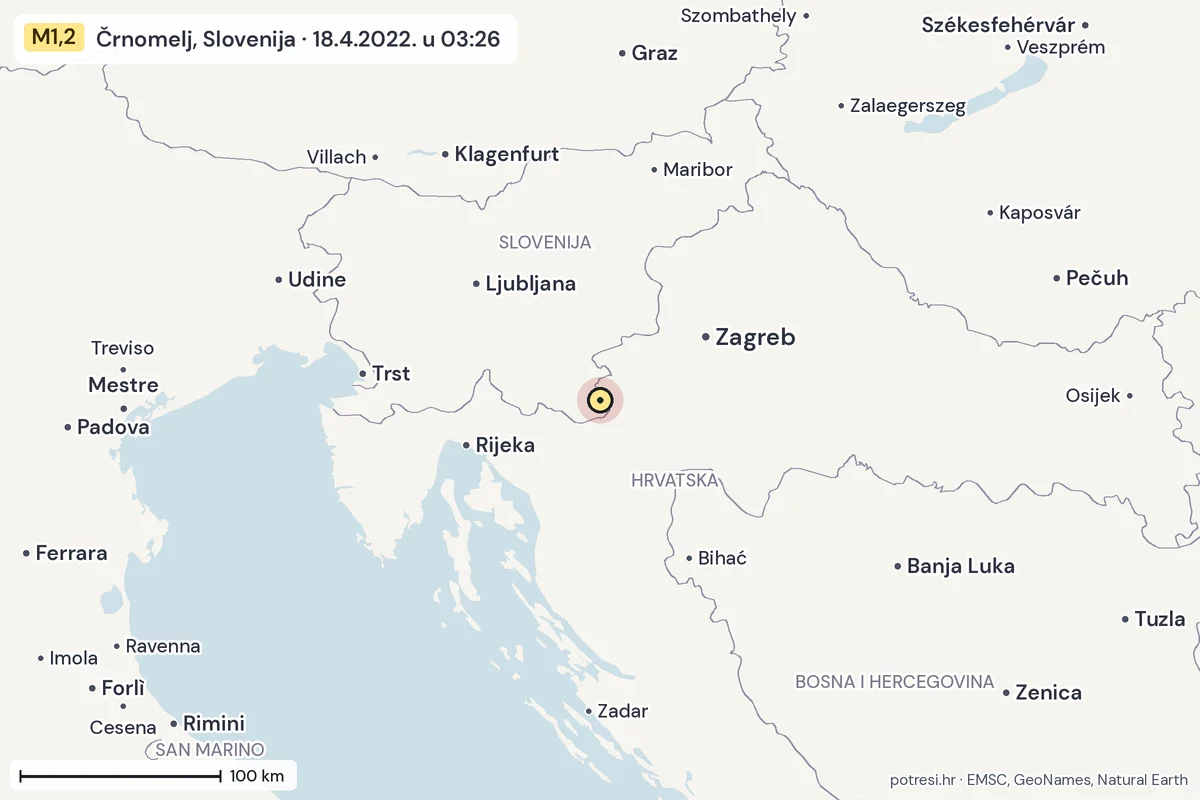 Karta: šire područje, 600 km, potres M1,2, Črnomelj, Slovenija, 18.4.2022.