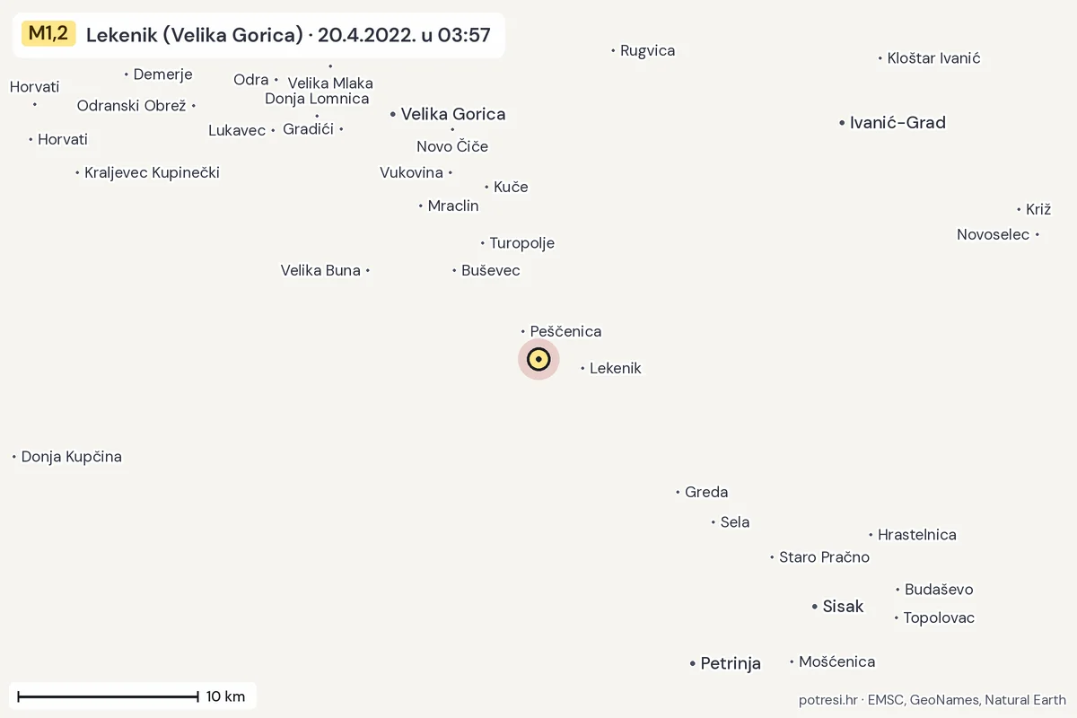 Karta: okolica epicentra, 60 km, potres M1,2, Lekenik (Velika Gorica), 20.4.2022.