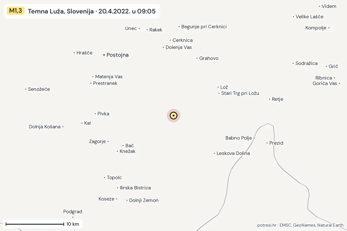 Karta: okolica epicentra, 60 km, potres M1,3, Temna Luža, Slovenija, 20.4.2022.