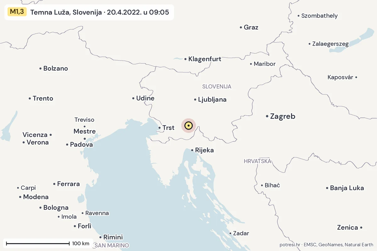 Karta: šire područje, 600 km, potres M1,3, Temna Luža, Slovenija, 20.4.2022.