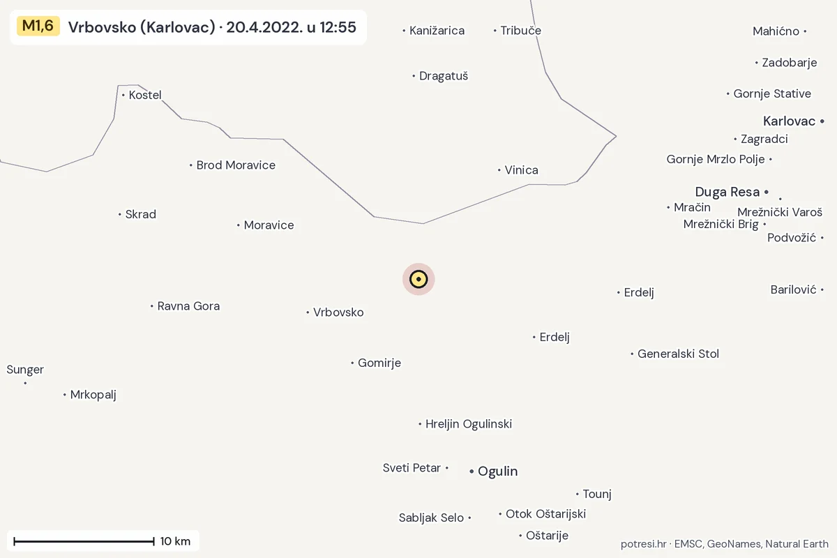 Karta: okolica epicentra, 60 km, potres M1,6, Vrbovsko (Karlovac), 20.4.2022.