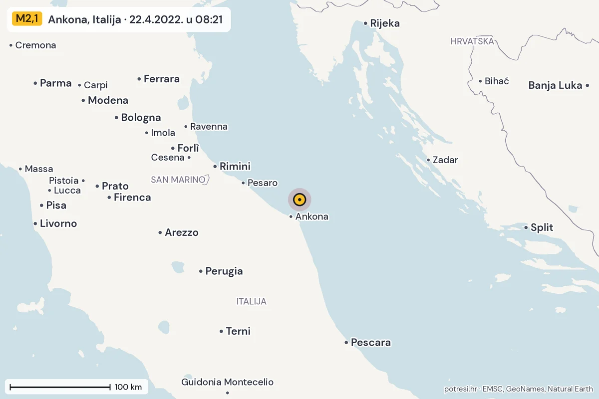 Karta: šire područje, 600 km, potres M2,1, Ankona, Italija, 22.4.2022.